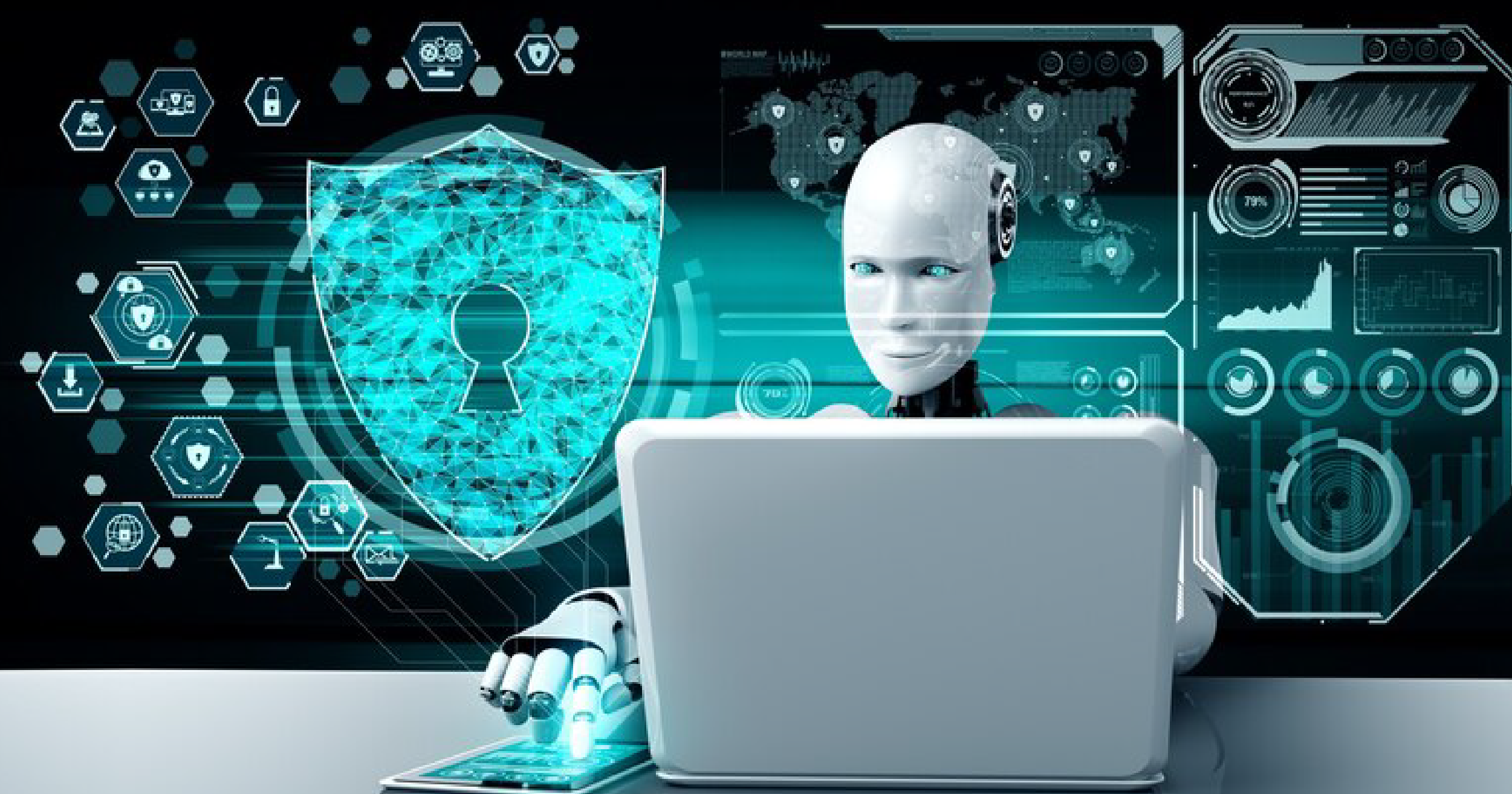 Futuristic robot working on cybersecurity 
