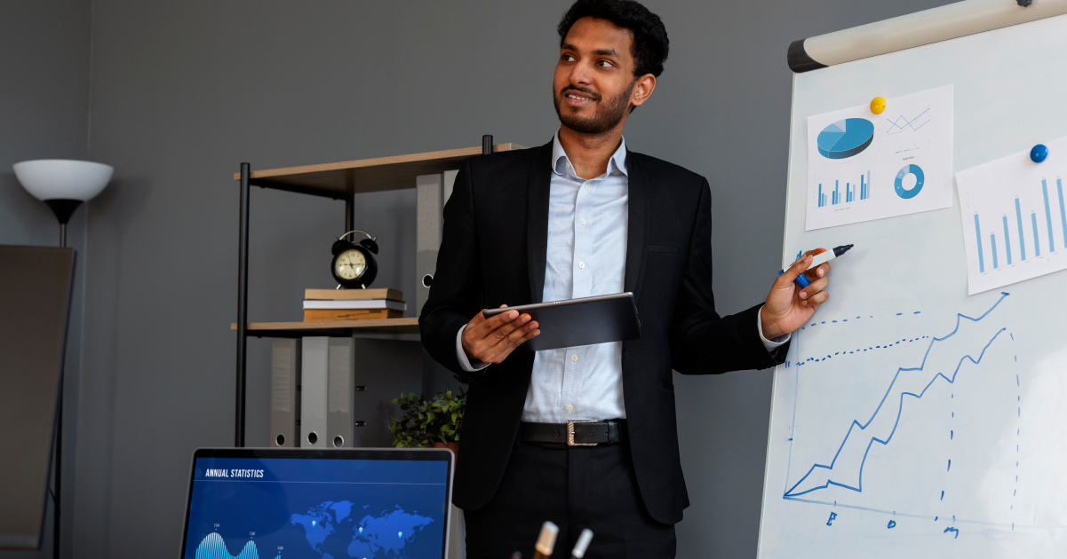 Performance marketing agency expert presenting growth strategy with data charts