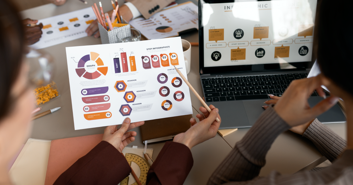 Performance marketing agency team analyzing infographic reports and visual data for campaign strategy