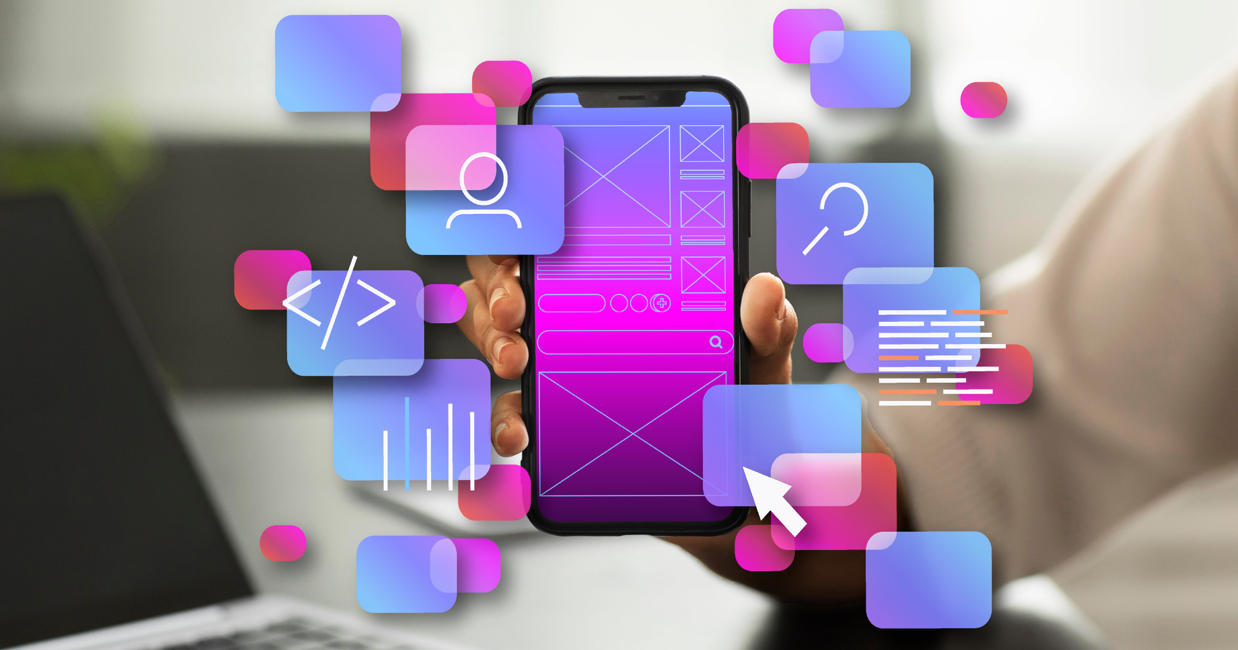Mobile app wireframe with UI UX design elements displayed on screen, surrounded by colorful interface icons, representing a UI UX design company’s process.